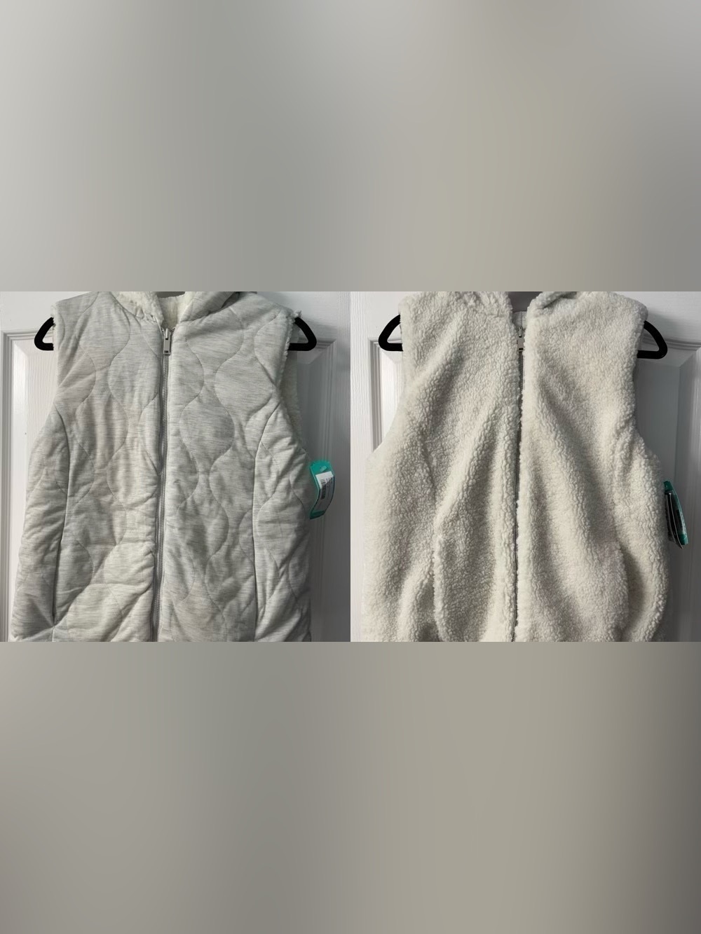 Mo-Ka by Santa Fe Reversible Quilted and Sherpa Hooded Vest in Ivory/Light Gray